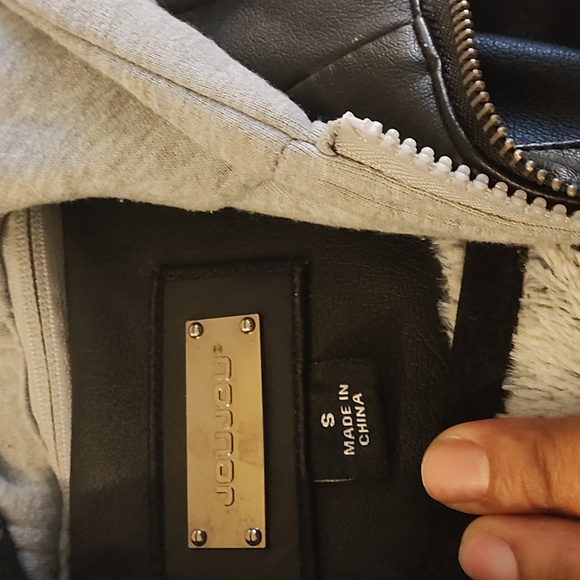 Women's Black Faux Leather Jacket with Gray Hoodie - Picture 9 of 10